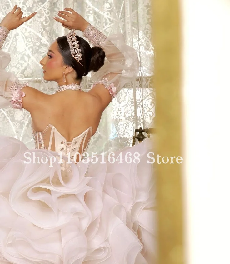 Princess Pink Quinceanera Dresses 2024 Luxury Chapel Train Sweetheart Neck Corset Wedding Dresses Removable Sleeve 16 Dress