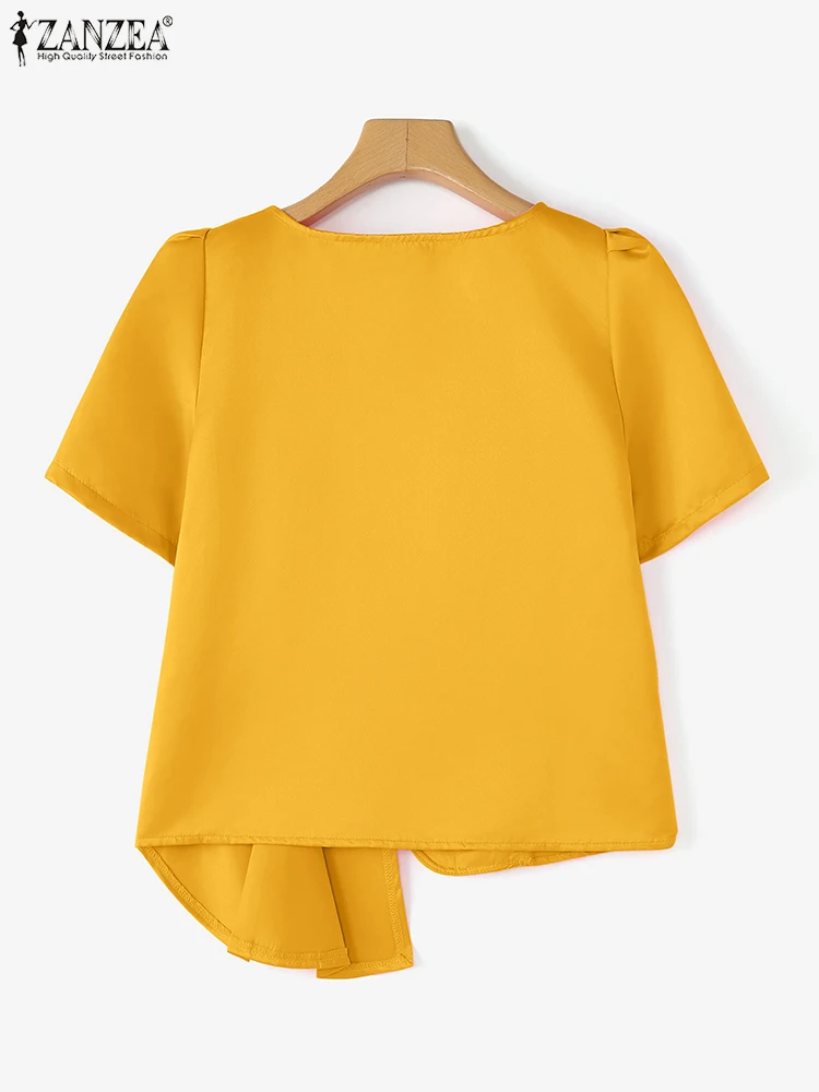 ZANZEA Women Summer Tops Asymmetrical Tunic Satin Blouse 2025 Fashion Casual Silk Shirts Elegant Short Sleeve Office Lady Blusas