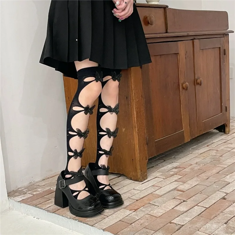 Three Dimensional Butterfly High Tube Socks with White Lace Pattern Cute and Sexy Lolita Thigh Knee Socks