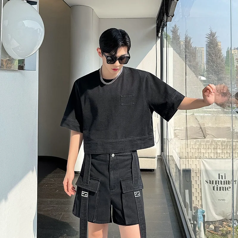 

Summer Vintage American Denim Short Top Men's Design Large Pocket Shorts Two-Piece Set Trendy Loose Fit Youth Popular Pure Color