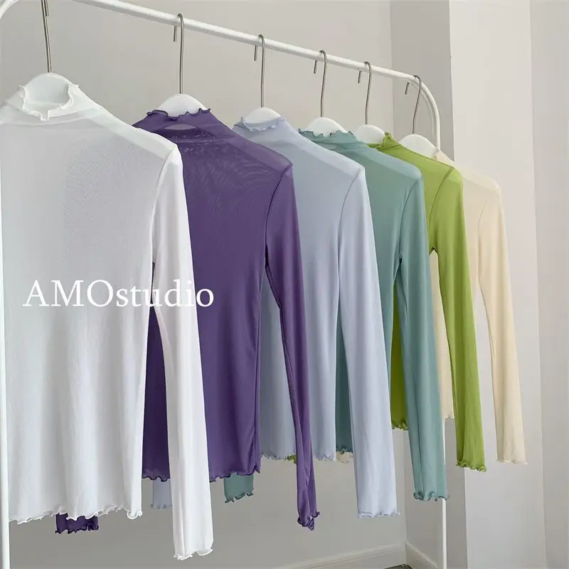 Women's Spring/Autumn Blouse Long-sleeved Undershirt High-neck Mesh Sheer Fabric Slim-fit Dopamine-coloured Elegant Comfortable