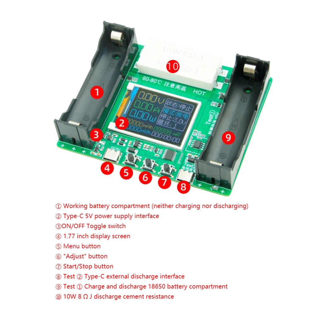 Automatyczny tester rezystancji wewnętrznej 18650, tester pojemności baterii litowej, moduł detektora mocy baterii, podwójny interfejs typu C