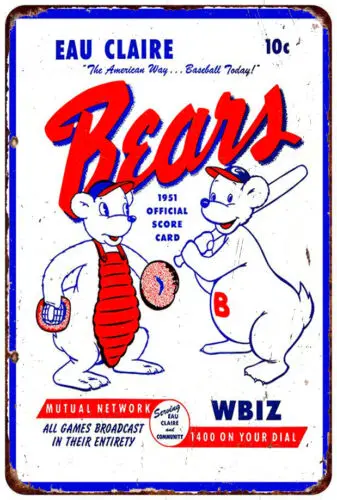 1951 Vintage Eau Claire Bears Baseball Scorecard Cover Reproduction metal sign