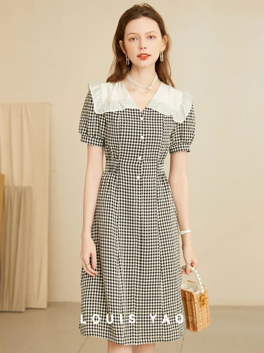 LOUIS YAO Women Dress 2024 New Checkered Contrasting Colors Doll Collar Peter Pan Collar A-line Waist Mid-length Dress for Women