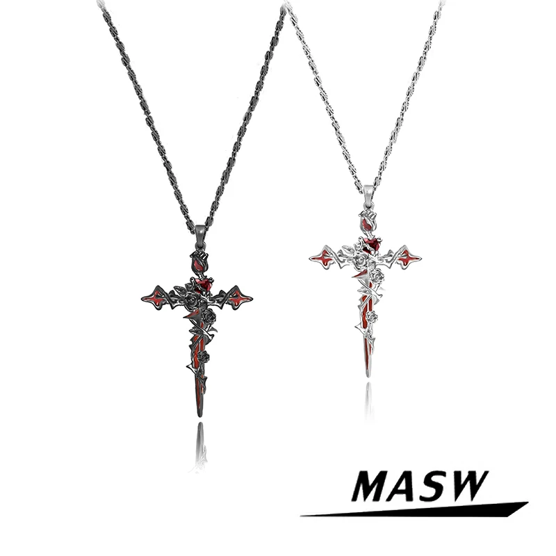 MASW Original Design Personality High Quality Brass Chain Cross Pendant Necklace For Women Girl Modern Jewelry Party Gift