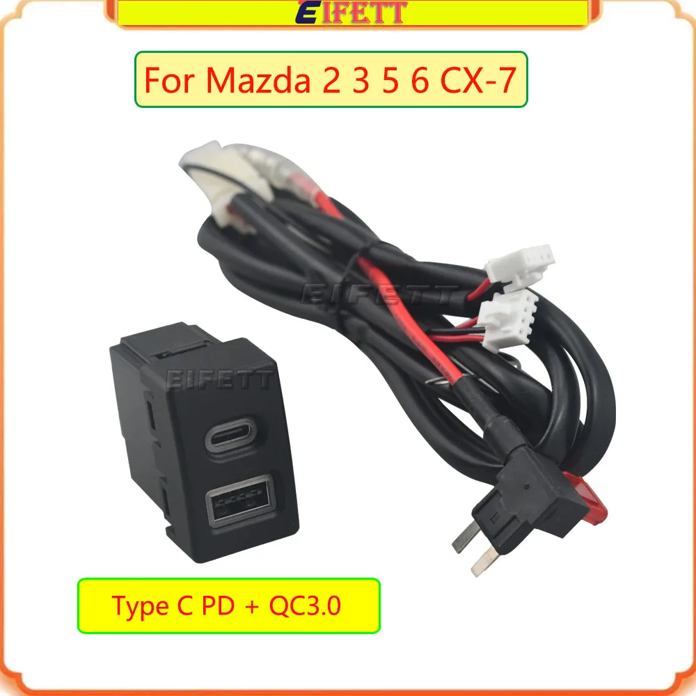 For Mazda 2 3 5 6 CX-7 Car Charger Type C PD QC3.0 USB Interface Phone Charging Adapter Button With Wire