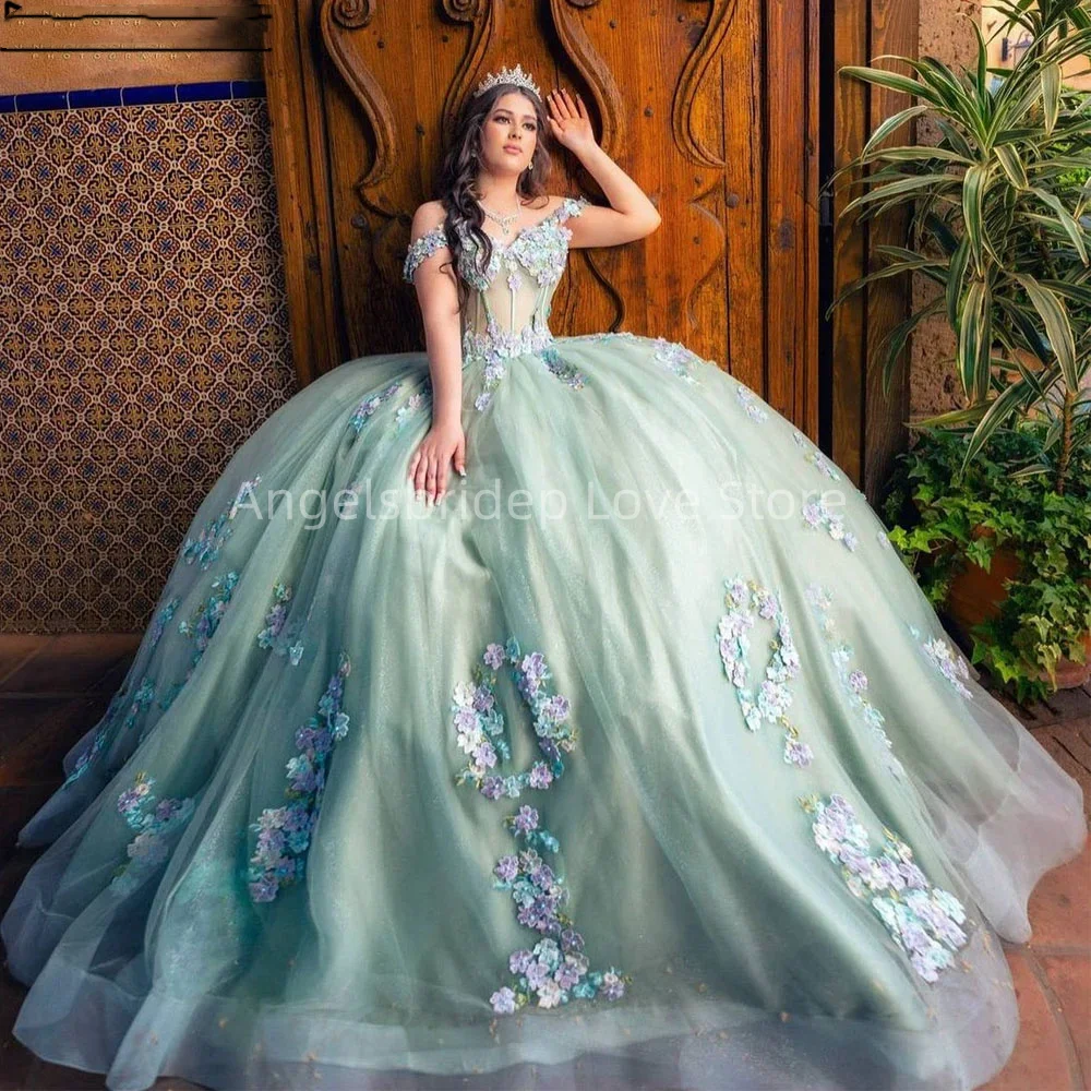 Angelsbridep Elegant Off Shoulder Mint Green Ball Gown Quinceanera Dresses Mexican Brithday Party Dress Vestidos De Fiesta