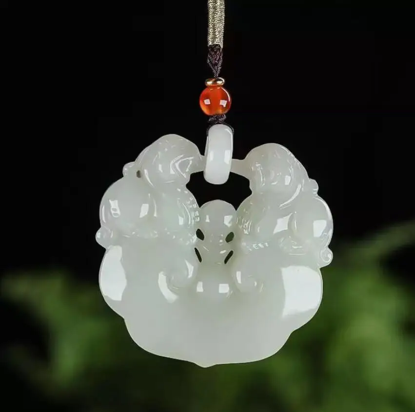 

Nature Grade A Icy Light Green HeTian Jade jadeite Hand-Carved pendant Two PiXiu