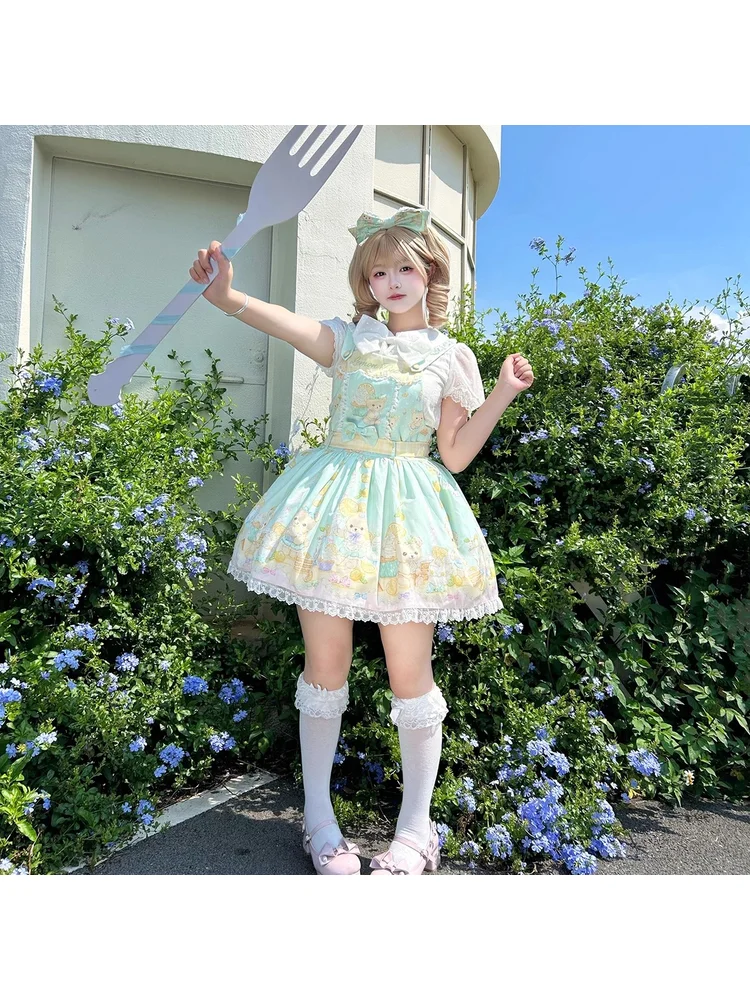 

Оригинальное зеленое лимонное милое платье Лолиты на бретельках, японское милое платье для чаепития для девочек