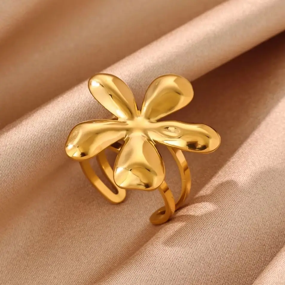 Modische Blumenringe für Frauen, 18K vergoldeter Edelstahl, geometrischer Blumen-Öffnungsring, ästhetischer Schmuck für Hochzeit und Party