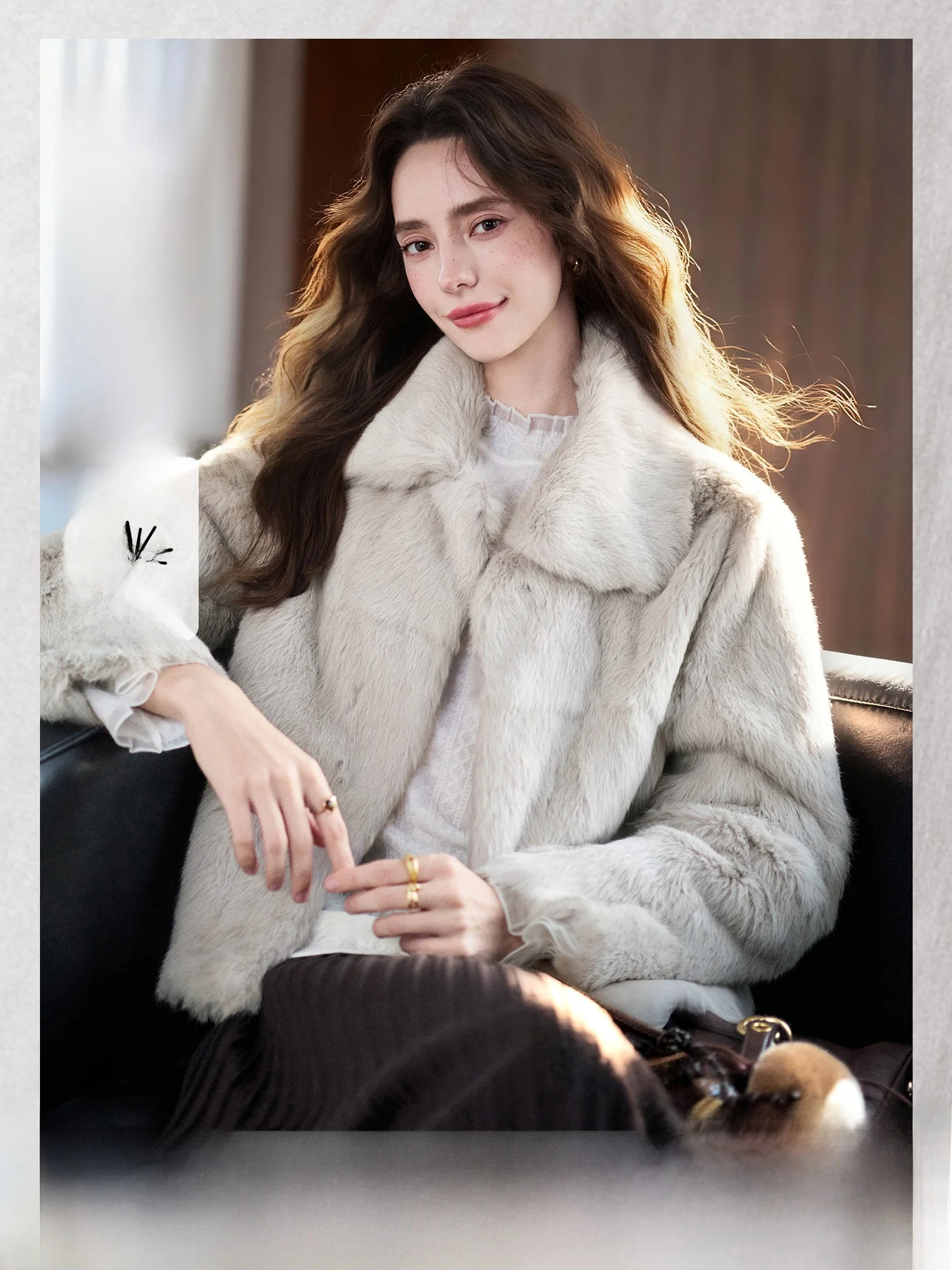 

ort Rabbit Fur Coat Women's Luxury Sle Collar Flip Outerwear Light And Pumpkin Valley Twilight Leather Jaet