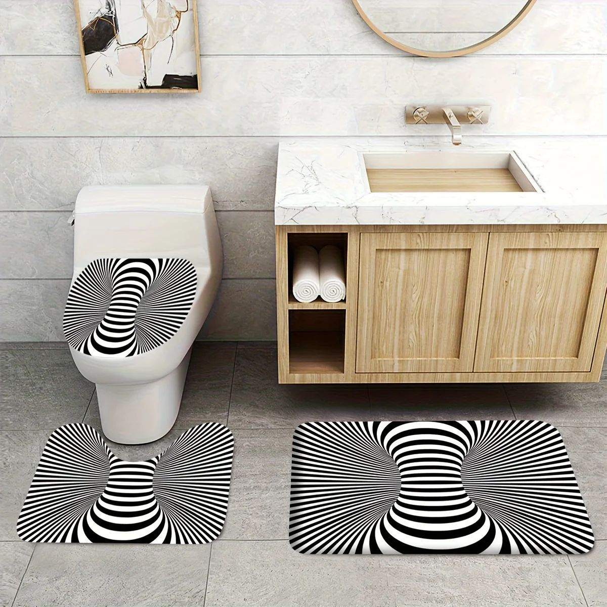 

3pcs ​Optical Illusion Stripe Bath Mat Set - Non-Slip Flannel Rug & Pad for Modern Bathroom Decor & Graphic Art Style​