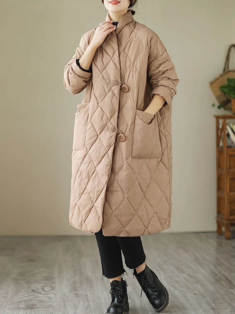 เสื้อโค้ทผ้าฝ้ายน้ำหนักเบาสไตล์ญี่ปุ่นสำหรับผู้หญิง ลายเพชร วินเทจ ความยาวปานกลาง เสื้อคลุมกันหนาว