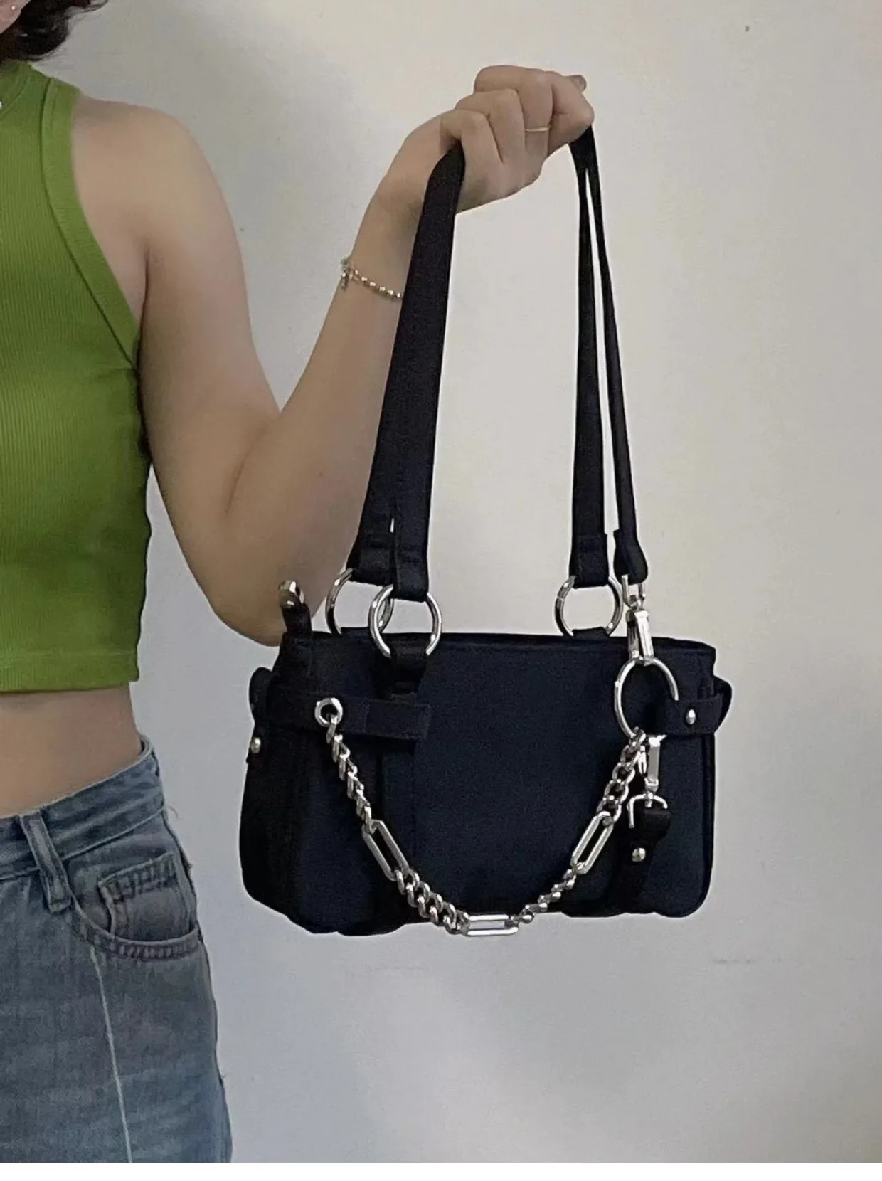 Fashion Design Gothic Chain Ladies Underarm Bag Sweet Cool Y2k Women Square Shoulder Bags Black Pop Female Tote Handbag Purse