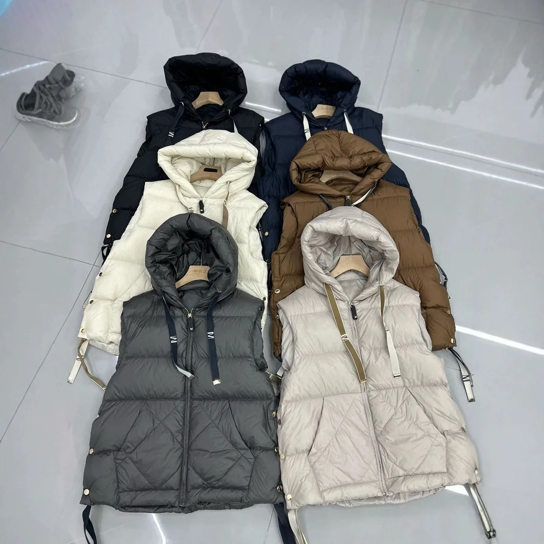 Women 90% White Duck Down Vest with Hood Casual Sleeveless Jacket Simple Solid Color Fashionable Autumn Winter Top New