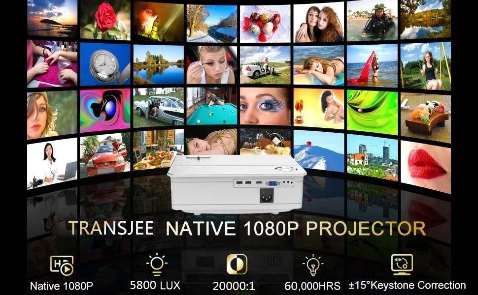 Proyector Transjee de alto lúmenes nativo 1920x1080P Full HD 20000:1 Proyectores Corrección Keystone Soporte Proyector LED LCD