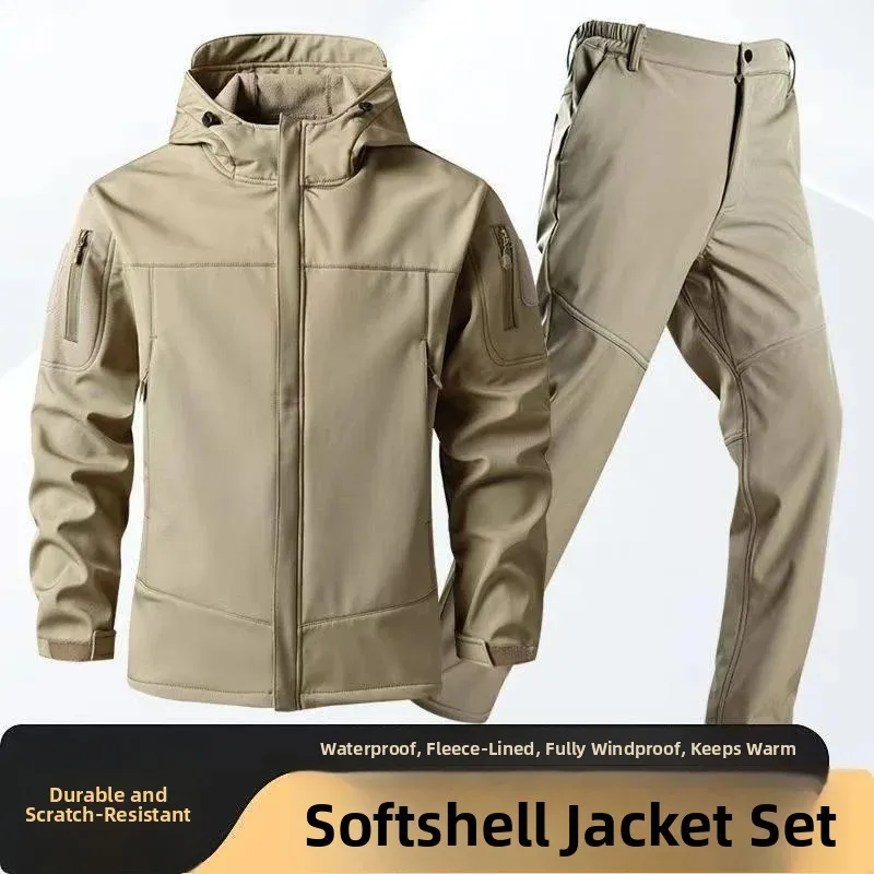 Men's Winter Thickened Fleece Lined Soft  Jacket Pants Set Waterproof Windproof Warm Climbing Suit Tactical Outerwear