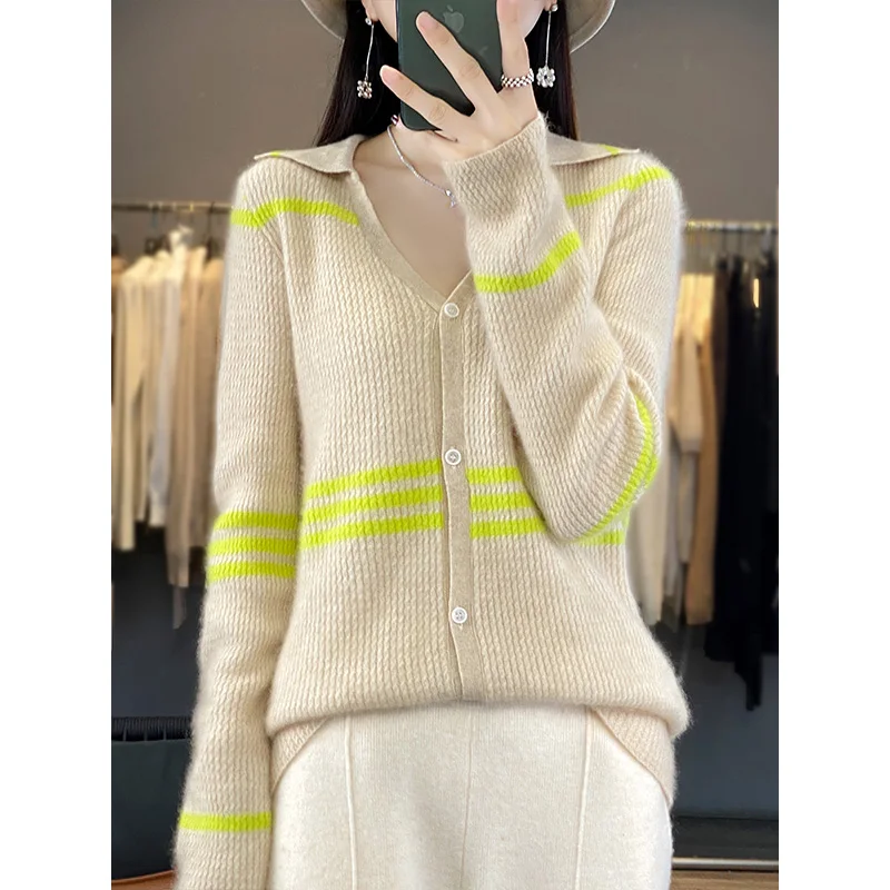 

Women's Comfortable Autumn and Winter Knitted 100% Wool Sweater Cardigan V-neck Polo Collar Striped Loose Casual Sweater Coat