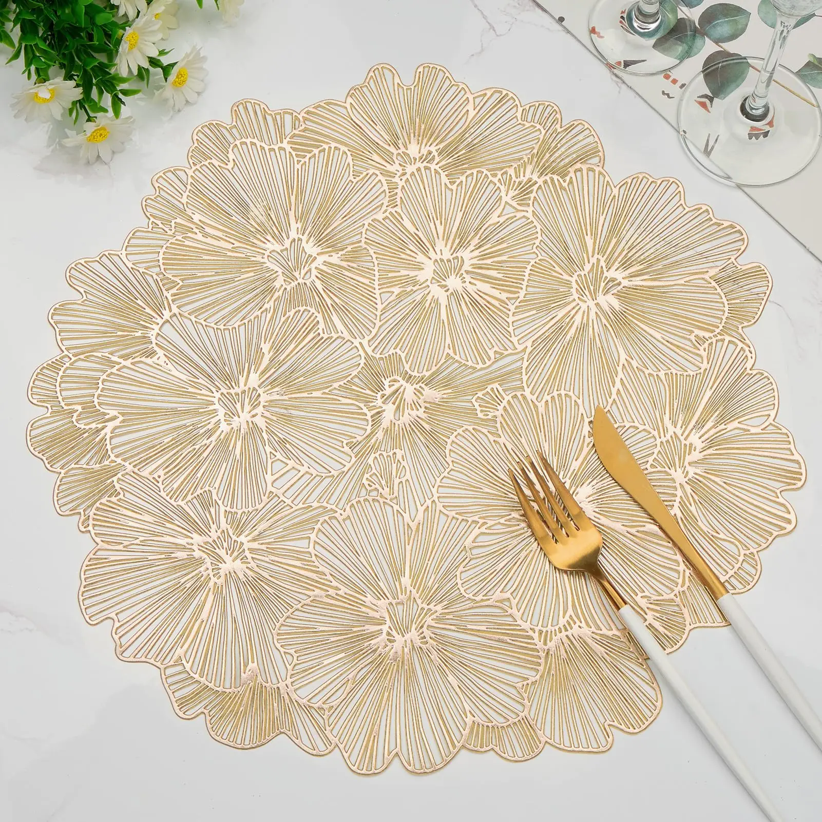 15 Inch Place Mats Hollow Out Pressed Flowers Vinyl Round Table Mats Washable for Dining Table Christmas Holiday Decorations