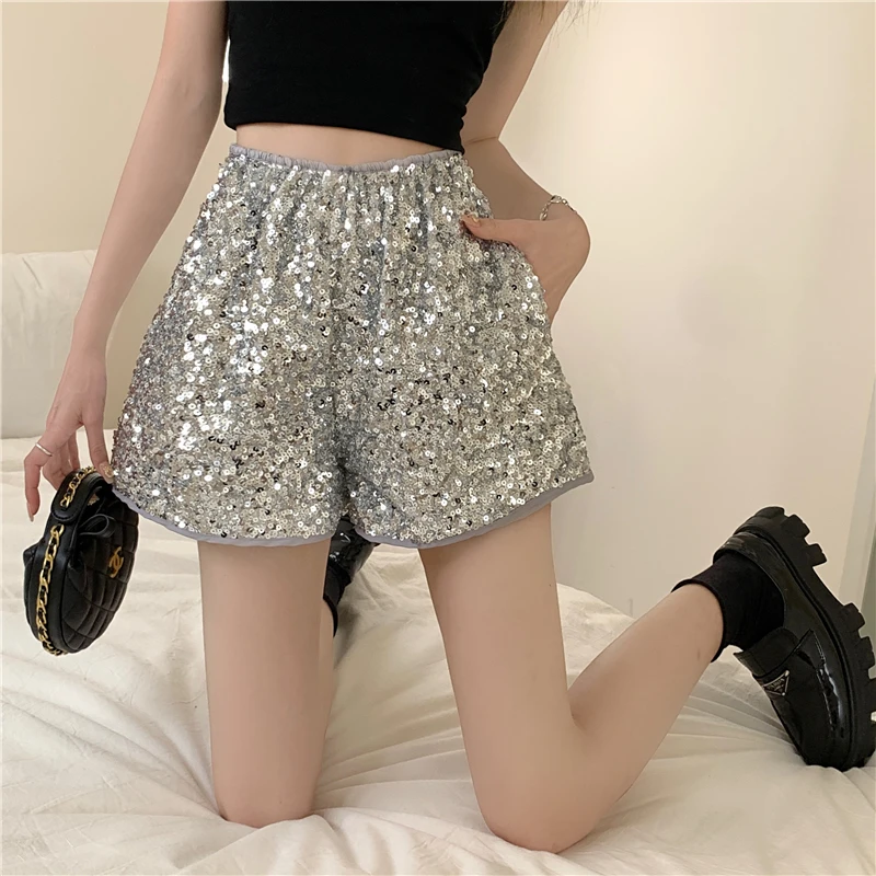 

2024 Women's Summer New Fashion High Waist Sequined Shorts Female Casual Wide-leg Shorts Ladies Loose A-line Short Pants L216