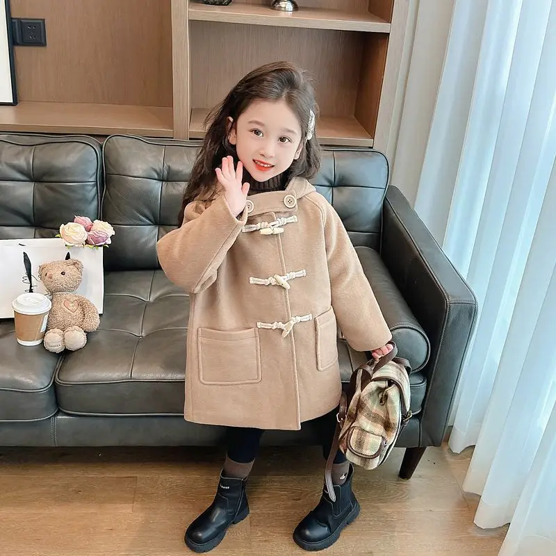 

Детское длинное зимнее новое шерстяное пальто с роговими пуговицами в корейском стиле, плащ с капюшоном