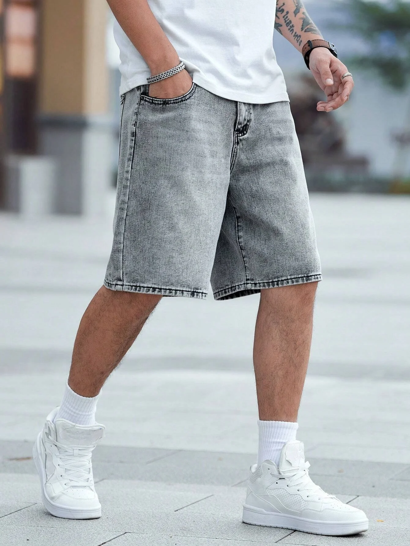 Classic casual denim jorts for men loose straight leg style no elastic fabric simple solid color black gray light hue short pant