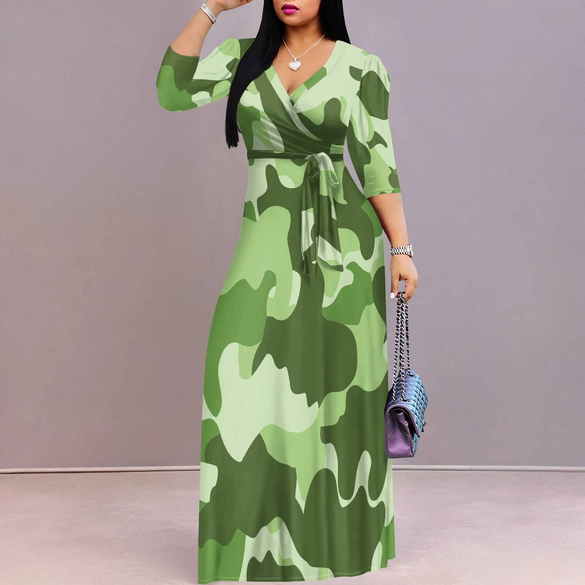 Abito lungo Boho ampio da donna a maniche corte sexy con scollo a V, abito lungo da vacanza casual con orlo diviso stampato alla moda