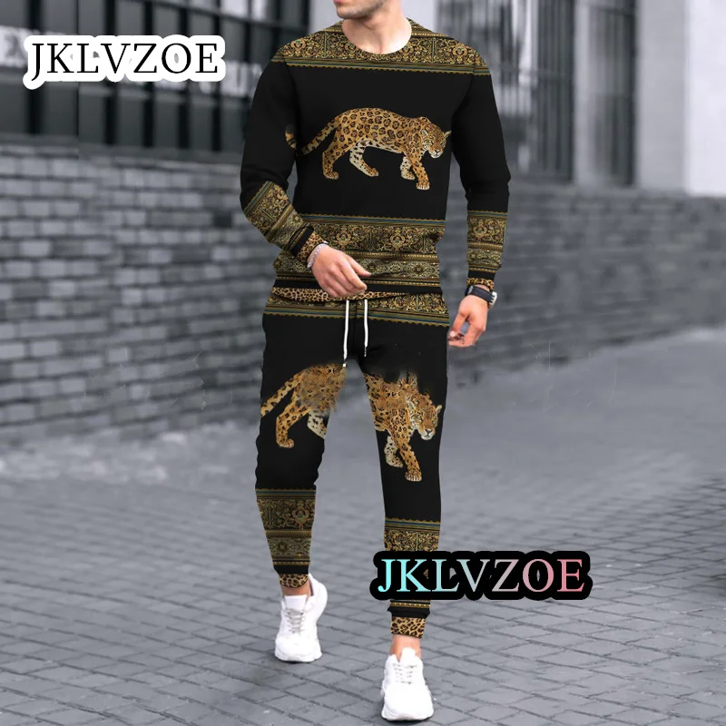 Conjunto de camiseta de manga larga para hombre, ropa deportiva informal de alta calidad con estampado 3D de animales, chándal de 2 piezas, Verano