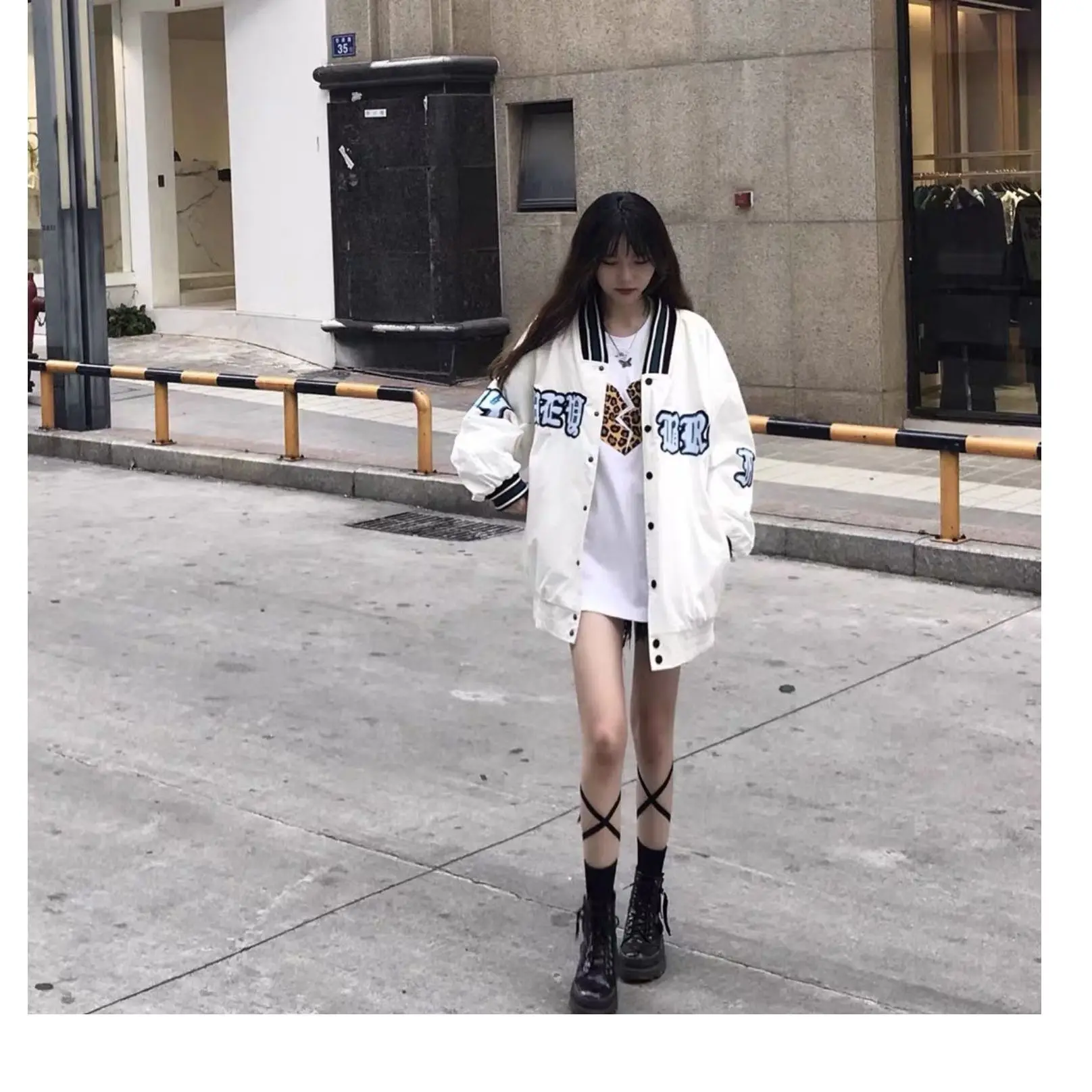 Trendy Hong Kong Style Women's Baseball Jacket Coat Loose Fit Long Sleeve Button Closure American Style Autumn Outerwear