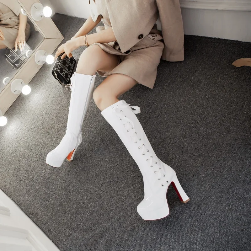 Winter Patent Leather Women Knee High Platform Boots 11cm Thick Chunky Heel Red Round Toe Riband Zipper Female Riding Long Boots