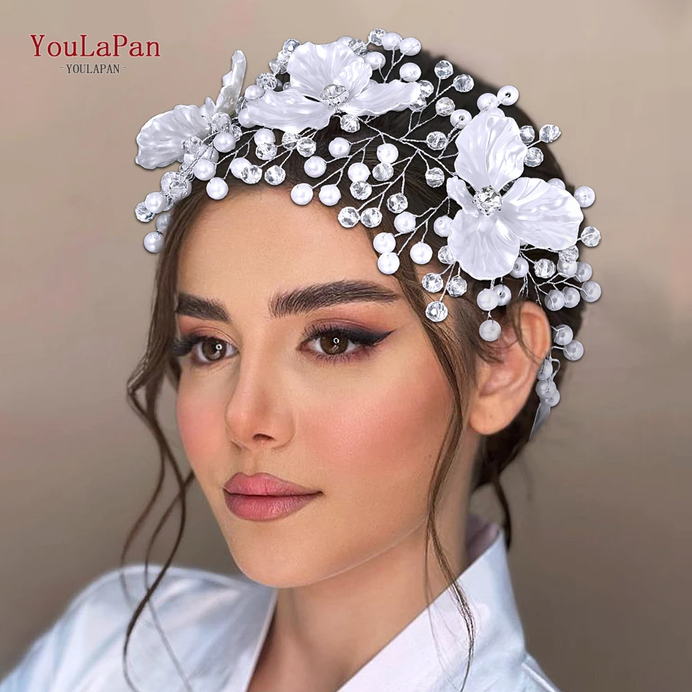 YouLaPan Elegant ผู้หญิงเพิร์ลคริสตัลดอกไม้ผมวง Headpieces แต่งงานเจ้าสาว Headwear อุปกรณ์เสริมผมแถบคาดศีรษะ HP820