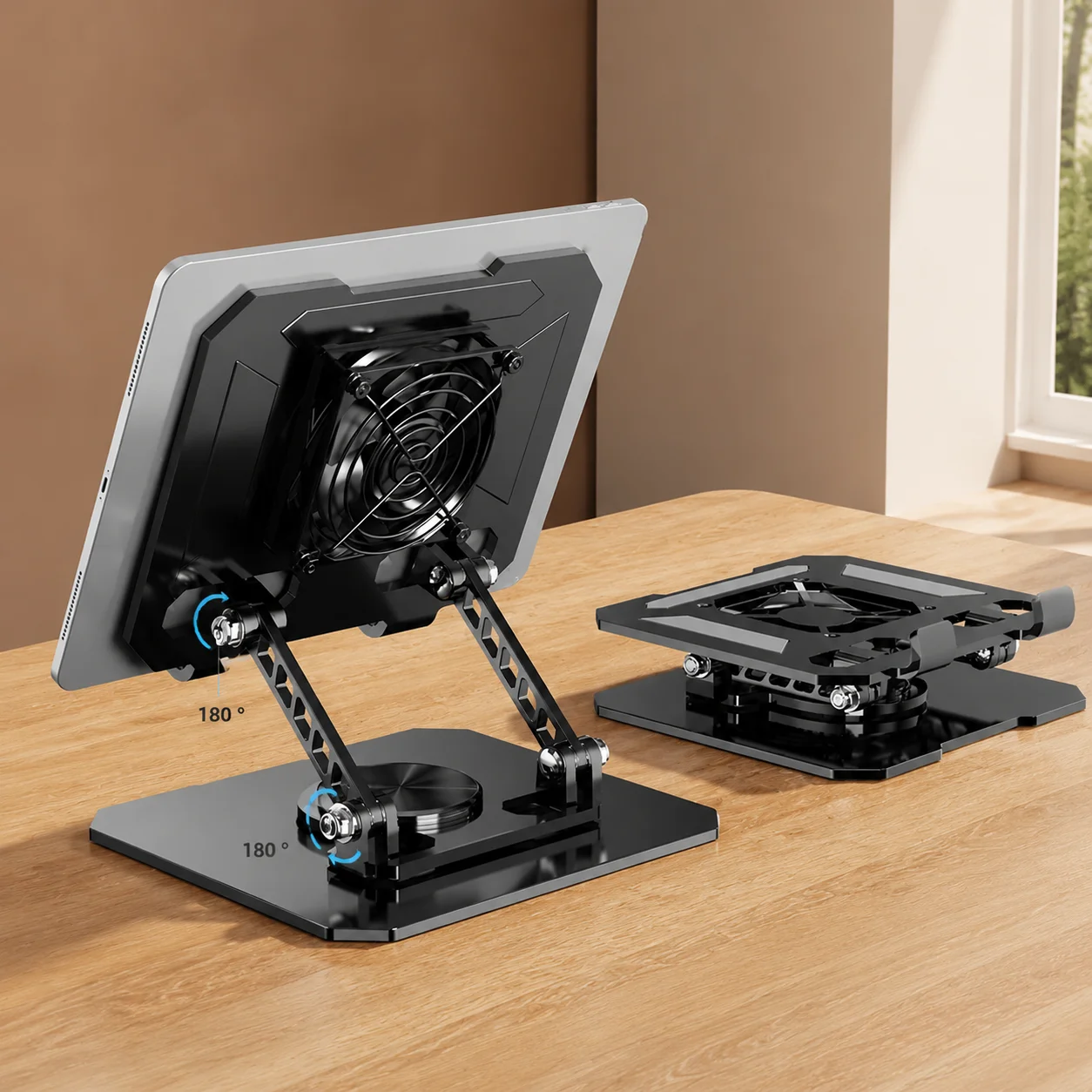 Foldable Tablet Cooler Stand with 360° Rotation, Adjustable Fan Bracket for Portable Heat Dissipation