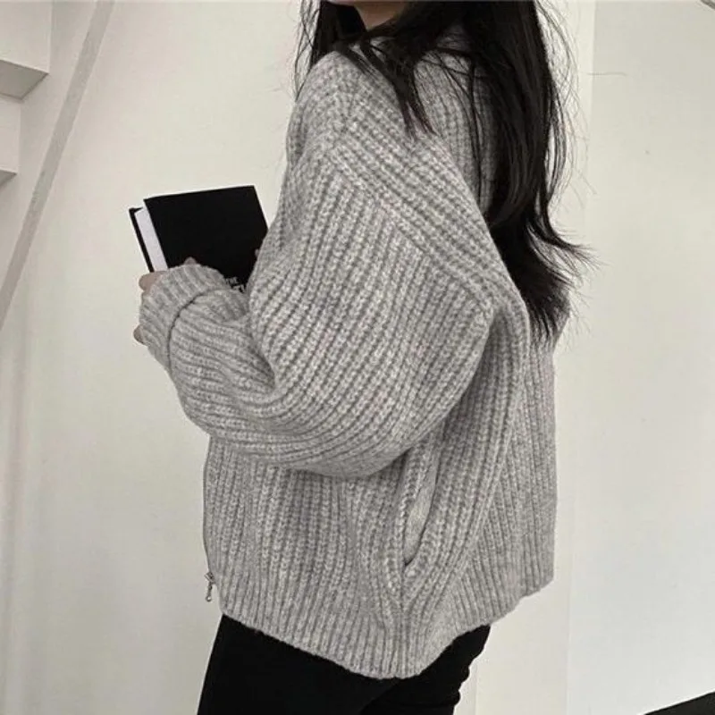 Deeptown Vintage Cropped Zipper Sweater Women Oversized Korean Fashion Autumn Knit Jumper Aesthetic Winter Warm Casual Cardigan