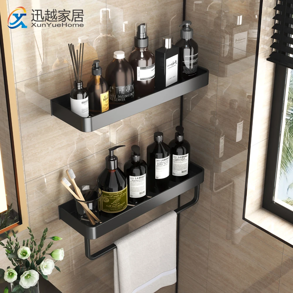 

Black Aluminum Shelves Wall Storage Square Spice Rack Bar Hand Towel Hanger Shower Shampoo Holder Bathroom Organizer Accessories