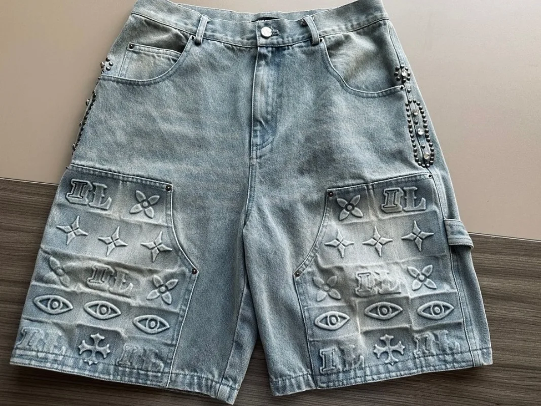 American New Fashion Geometric Decoration Baggy Denim Shorts Men Y2K Street Retro Hip Hop Popular Gothic Casual Wide Leg Shorts