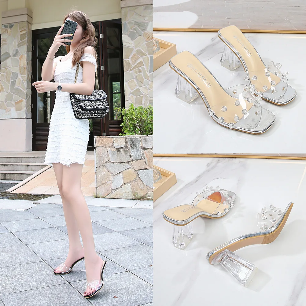 

High-Heeled Shoes Lady Glitter Slides Rivet Transparent Slippers Square heel Big Size Slipers Women Jelly Block 2024 Scandals Fa