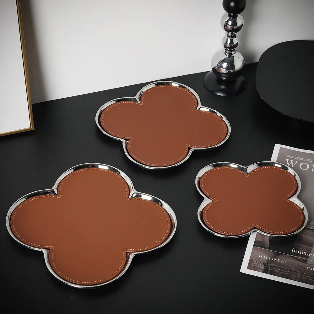 3Pcs Storage Tray Light Luxury Leather Clover Simple Desktop Jewelry Display Set Living Room Home Decoration Storage Tray