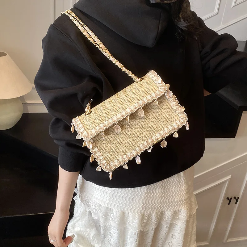 

2025New! Straw Woven Fringe Underarm Bag - Mini Square Shape, Adjustable Crossbody Strap - Trendy Casual Chic