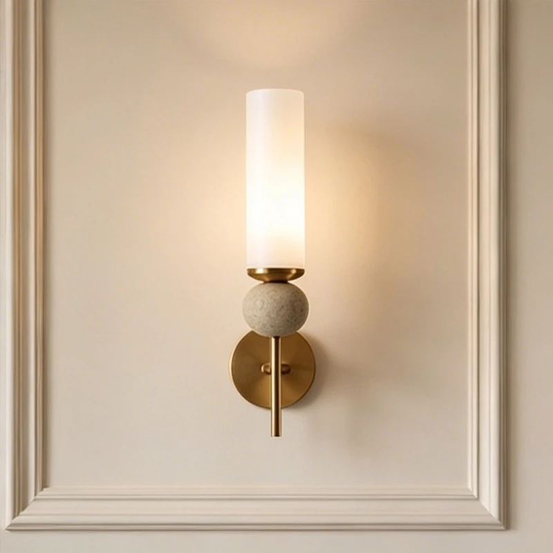 Modern Natural Travertine Wall Light Luxury Gold Brass Sconce With White Opal Glass Shade For Indoor Living Room Bedroom Decor
