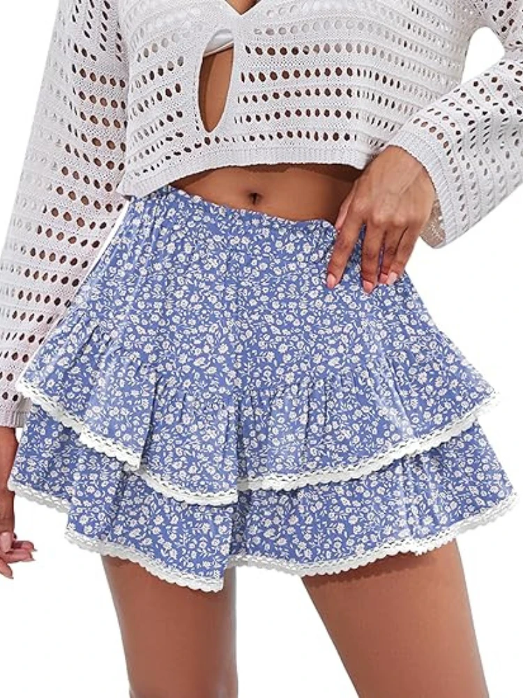 Casual Fashion Floral Bohemian Style Skirts High Waist Loose Layered Skirts for Women Summer Pleated Print Tennis A-line Skirt