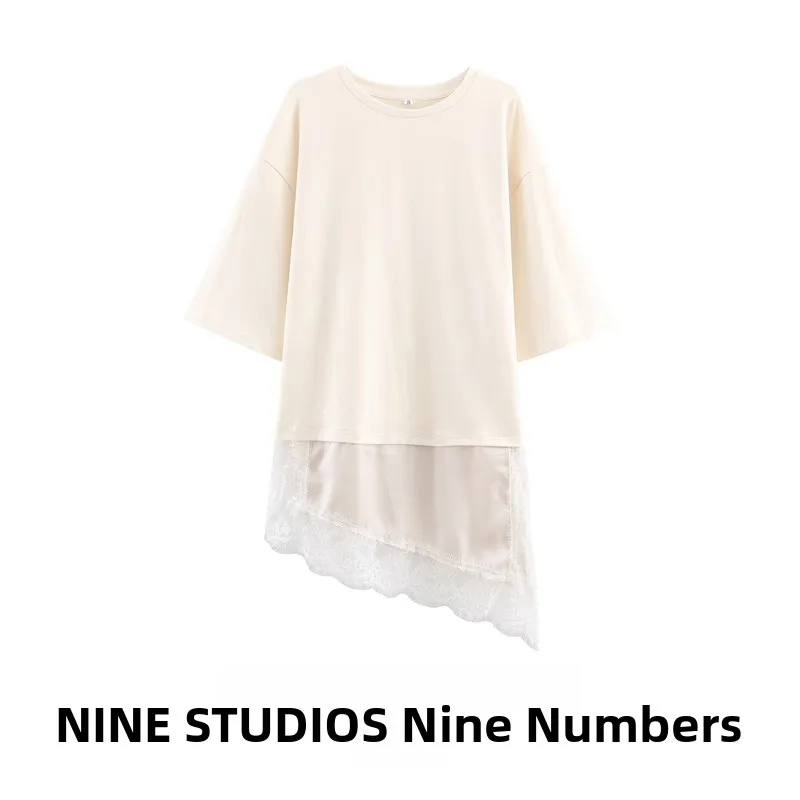 

NINE ZAR Женская кружевная футболка средней длины, универсальный топ, европейский круглый топ из полиэстера