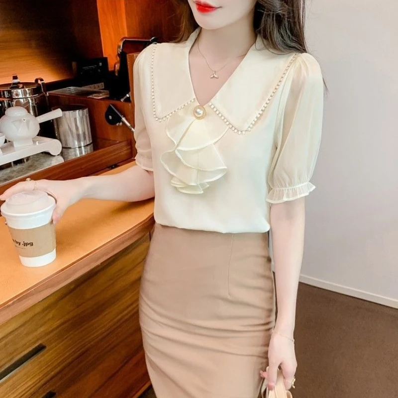 2026 Summer New Women's Stylish Ladylike Chiffon Blouse Peter Pan Collar Ruffled Details Puff Short Sleeve Slimming Design