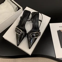 Women's Fashion Stiletto Baotou Sandals Summer New Pointed Head Shallow Mouth Metal Buckle Anti-slip Wear-resistant High Heels