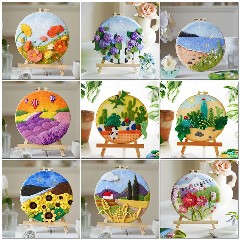 PhotoCustom Beginner DIY Wool Felting Painting With Embroidery Kit Landscape Flower Tools Decor Artwork Painting Needle Wool