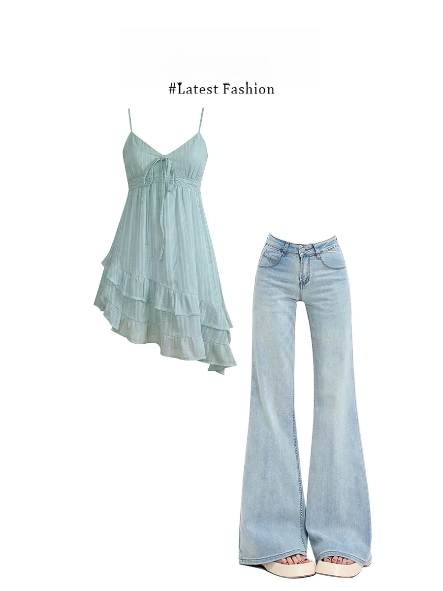 

Summer Vacation Style Lake Blue Lace Trim Dress with Straight Leg Jeans Set Women's Fashion Casual Wear Polyester Fiber Long ...