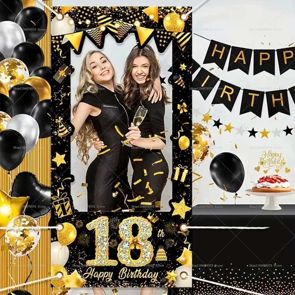 Marco de fotos de feliz cumpleaños, pancarta dorada y negra de 18, 21, 30, 40, 50 y 60 años, fondo de fiesta de cumpleaños con corona de ladrillo exquisita, 1 ud.