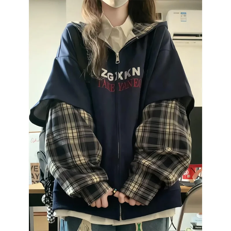 forward to autumn and winter!!! Two pieces of plaid fake patchwork hooded sweatshirt for women lose cardigan with stylish design