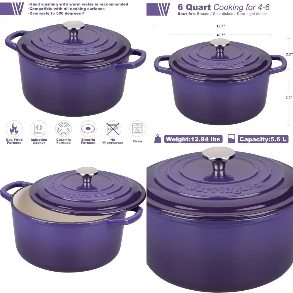 

Purple 6-Quart Enamel-Covered Cast Iron Dutch Oven for Sourdough Bread Baking