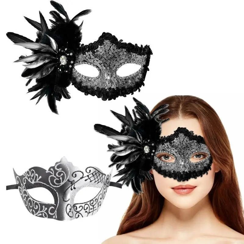 H58E 2 PCs Máscara disfarce penas face máscara face venezians máscara máscara fantasia figurino máscara para