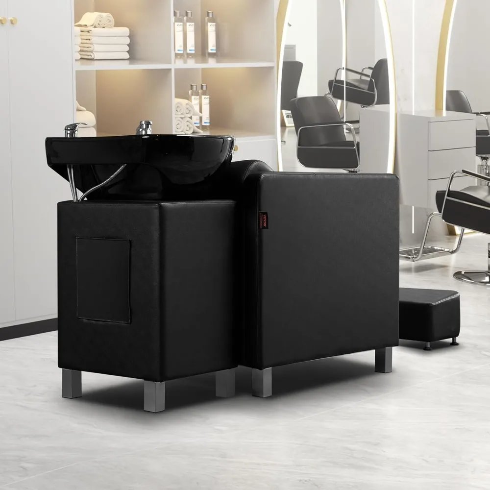 Shampoo Backwash Chair, 661.4LBS Hair Salon and Spa Shampoo Station Shampoo Bowl and Chair, Wide Footstool and Ceramic Bowl